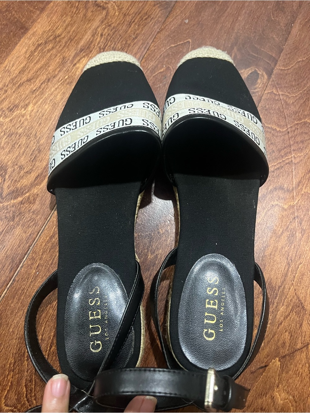 GUESS Black Espadrille Ankle-Strap Wedges with Logo Banding - Picture 3 of 12